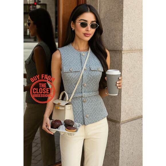 ZARA Textured Blue Sleeveless Vest NWT | Blogger Favorite | Belted - Picture 1 of 14